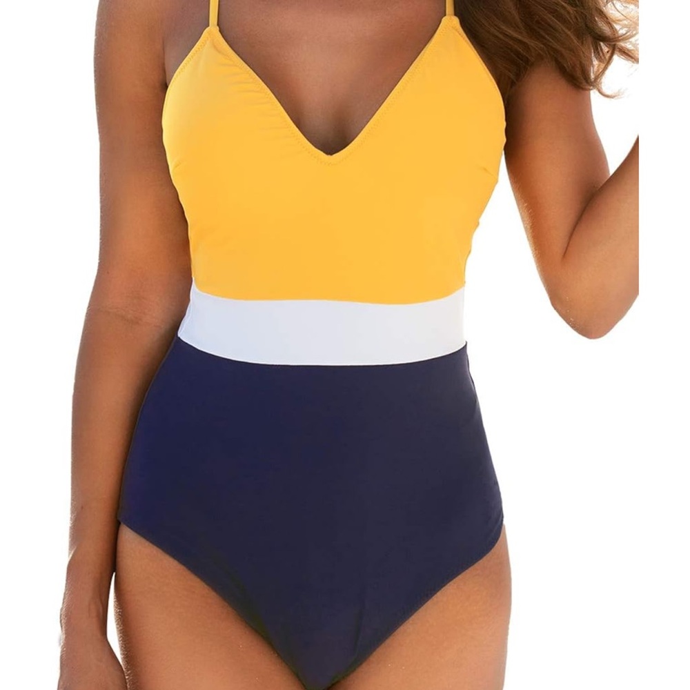CUPSHE Colorblock V-Neck One-Piece Swimsuit in Yellow, White & Navy